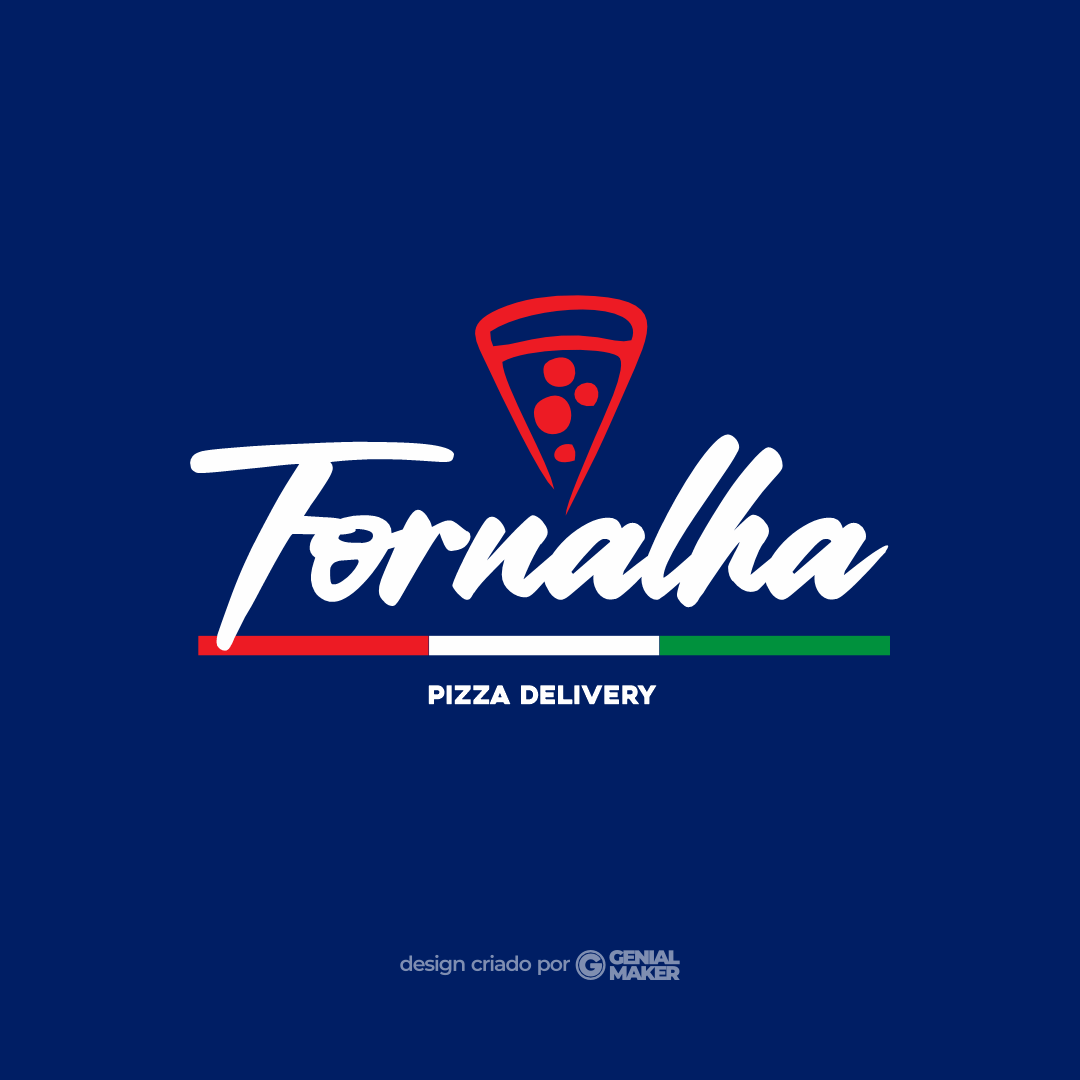 Logo pizzaria: logotipo criado no fundo azul marinho, com uma fatia de pizza vermelha, na parte de cima e, em baixo, escrito "Fornalha Pizzaria Delivery", na cor branca. Entre as palavras "Fornalha" e "Pizza Delivery" existe uma faixa em 3 cores: vermelho, branco e verde, remetendo às cores da Itália, de onde originou-se a pizza.