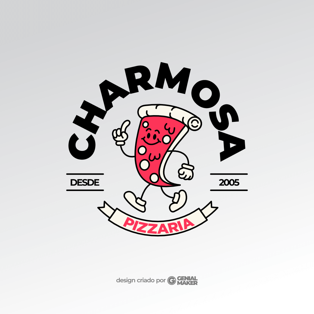 Logo pizzaria: logotipo criado no fundo claro, em formato de círculo e com uma pizza bonita dentro, na parte externa, escrito grande "Charmosa Pizzaria", em preto e vermelho.