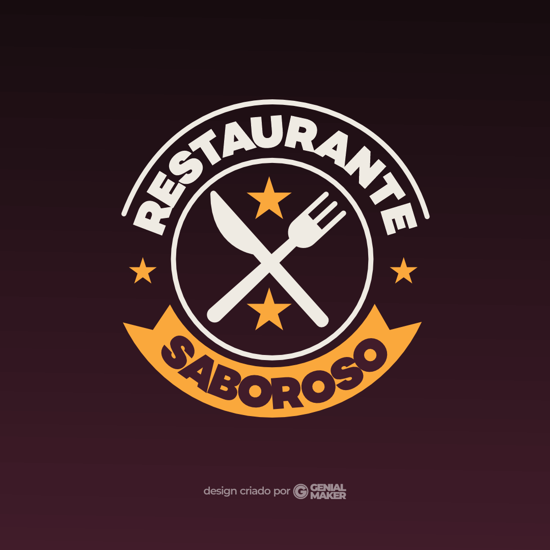 Logo restaurante: logotipo criado no fundo marrom escuro, em formato de círculo e com talheres e estrelas dentro, escrito em branco e amarelo "Restaurante Saboroso".