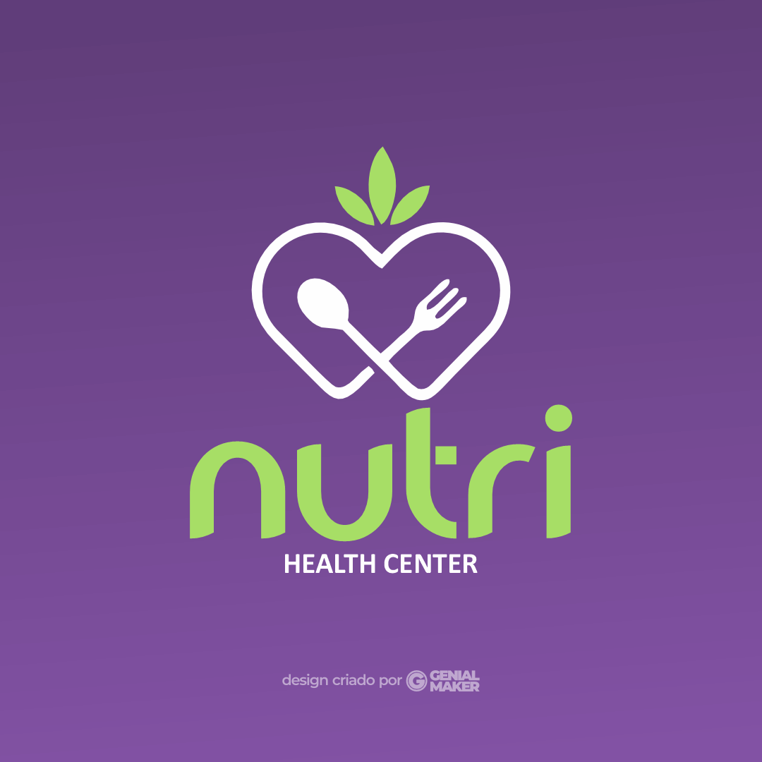 Logo nutricionista: logotipo criado no fundo roxo, com uma fruta em formato de coração, contendo talheres dentro e, na parte de baixo, escrito em branco e verde claro, "Nutri Health Center".