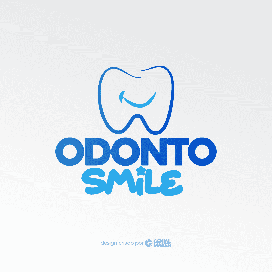 Logo dentista: logotipo criado em tons de azul no fundo claro, com um ícone de dente sorridente na parte de parte de cima e, na parte de baixo, escrito "Odonto Smile".