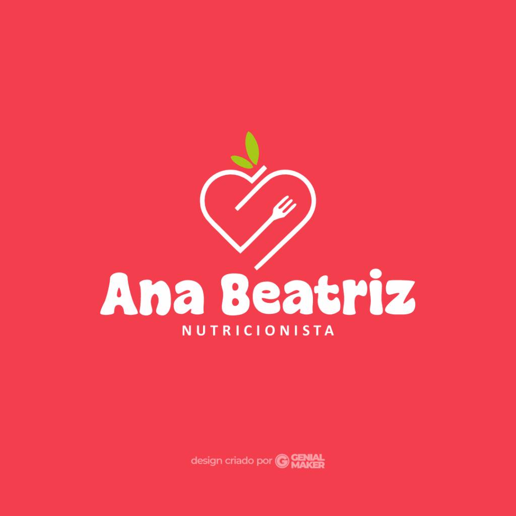 Logo nutricionista: logotipo criado no fundo vermelho, com uma fruta em formato de coração, que possui um talher dentro e uma folha verde em cima, escrito "Ana Beatriz Nutricionista" em baixo.