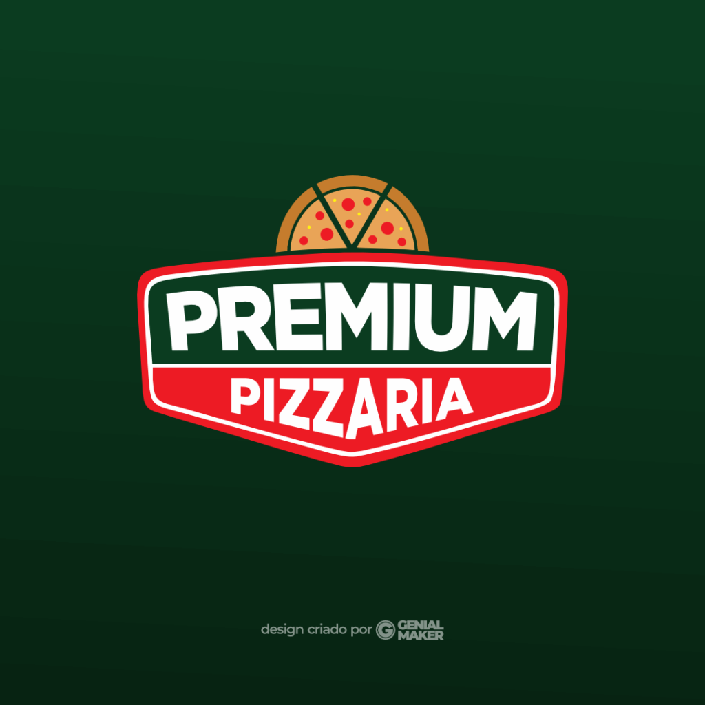 Logo pizzaria: logotipo criado no fundo verde, em formato de placa, com uma pizza na parte de cima e, dentro da placa, escrito "Premium Pizzaria", em detalhes branco e vermelho, lembrando a original italiana da pizza.