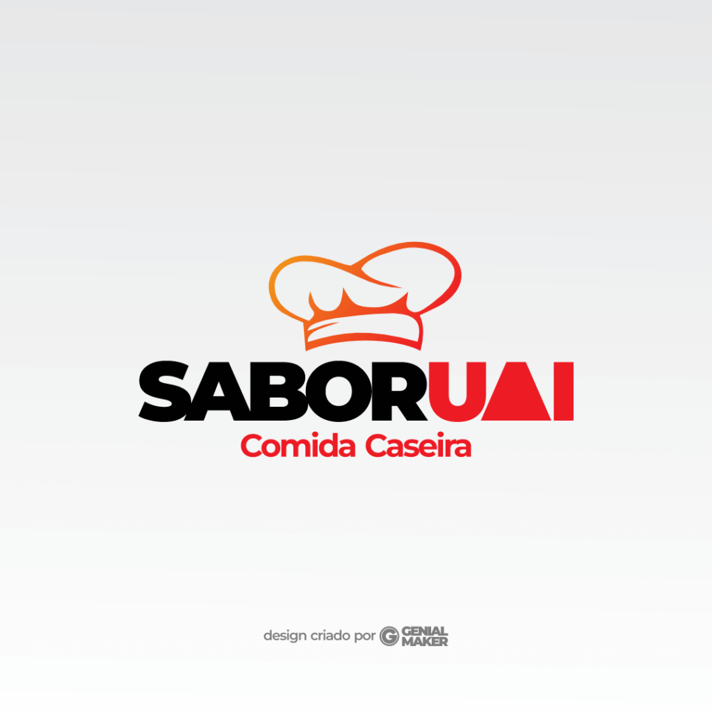 Logo restaurante: logotipo criado no fundo branco, com um toque blanche vermelho e laranja na parte de cima e embaixo escrito "Sabor Uai Comida Caseira, em preto e vermelho.