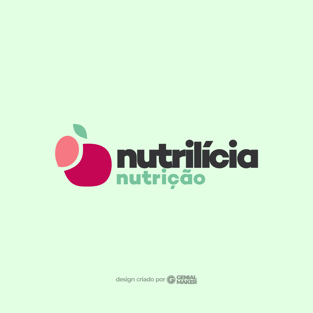 Logo nutricionista: logotipo criado no fundo azul claro, com uma maça vermelha no lado esquerdo e, ao lado direito, escrito "Nutrilícia Nutrição" em cinza escuro e verde água.