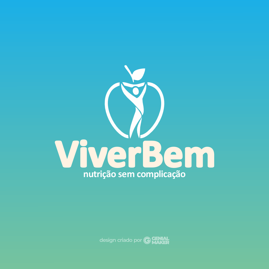 Logo nutricionista: logotipo criado no fundo azul claro, na parte de cima uma pessoa saudável dentro de uma maçã e, na parte de baixo, escrito em branco "Viver Bem Nutrição Sem Complicação".