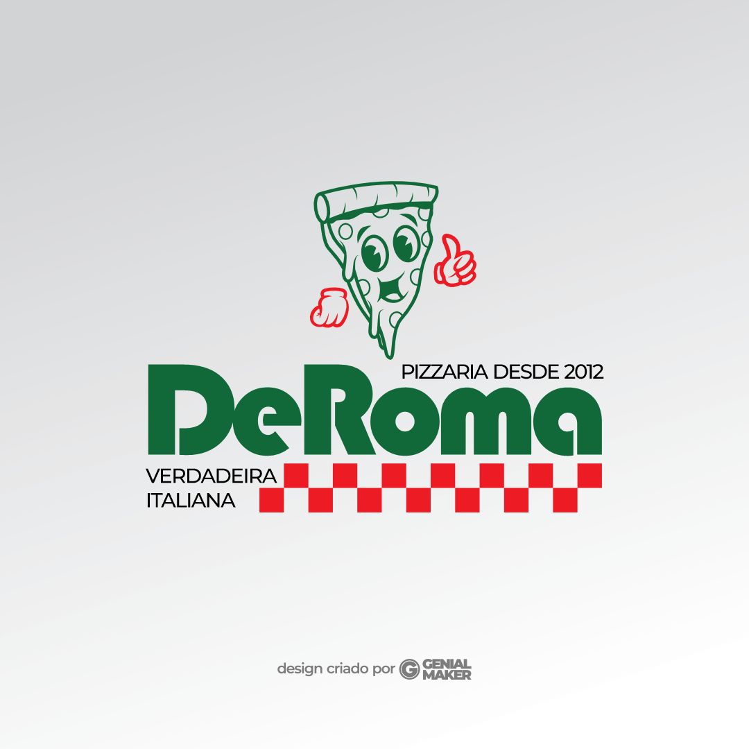 Logo pizzaria: logotipo criado no fundo claro, com uma fatia de pizza verde e vermelho e escrito "De Roma: Verdadeira Italiana. Pizzaria desde 2012", escrito com predominância verde. Além disso, possui alguns pequenos quadrados vermelhos, para lembrar a origem italiana da pizza.