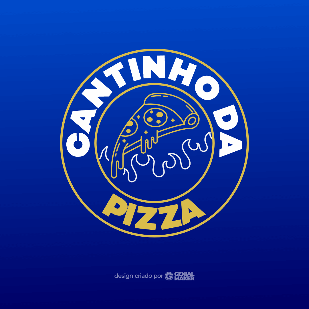 Logo pizzaria: logotipo criado no fundo azul, em formato de círculo, com uma fatia de pizza derretendo ao centro, escrito "Cantinho da Pizza" em branco e amarelo.