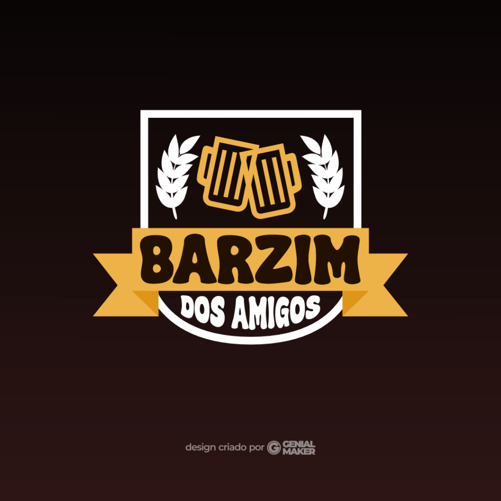 Logo bar: logotipo criado no fundo marrom, em formato de brasão, com ícones de cevada e canecas de chopp, em branco e amarelo. Escrito em destaque o nome do bar "Barzim dos Amigos".