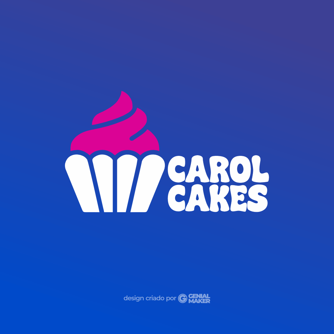 Logo confeitaria: logotipo criado no fundo azul, escrito "Carol Cakes" em branco, e com um cup cake branco com cobertura rosa.