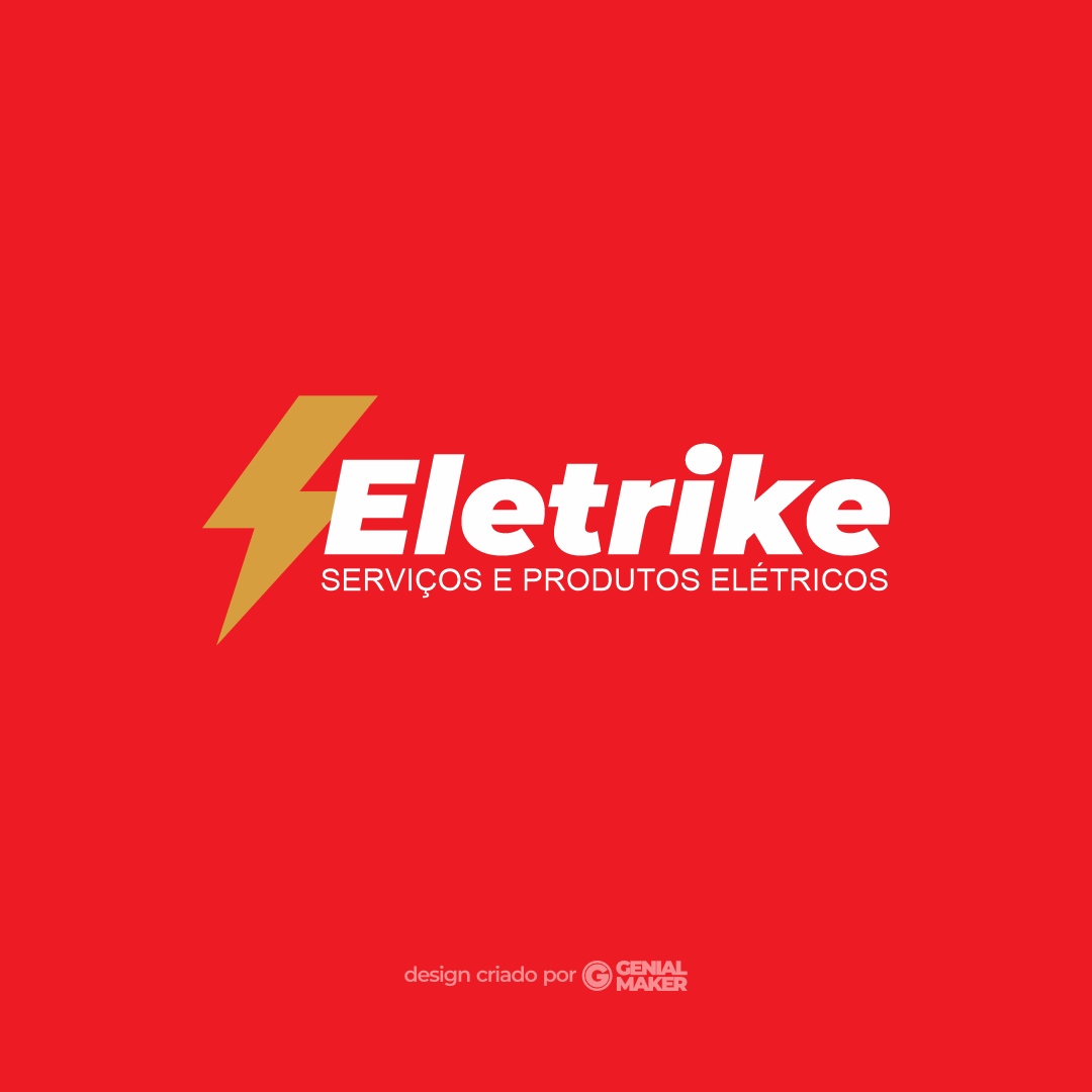 Logo eletricista: logotipo criado no fundo vermelho, escrito em branco "Eletrike: Serviços e Produtos Elétricos", e com um raio amarelo no lado esquerdo da escrita.