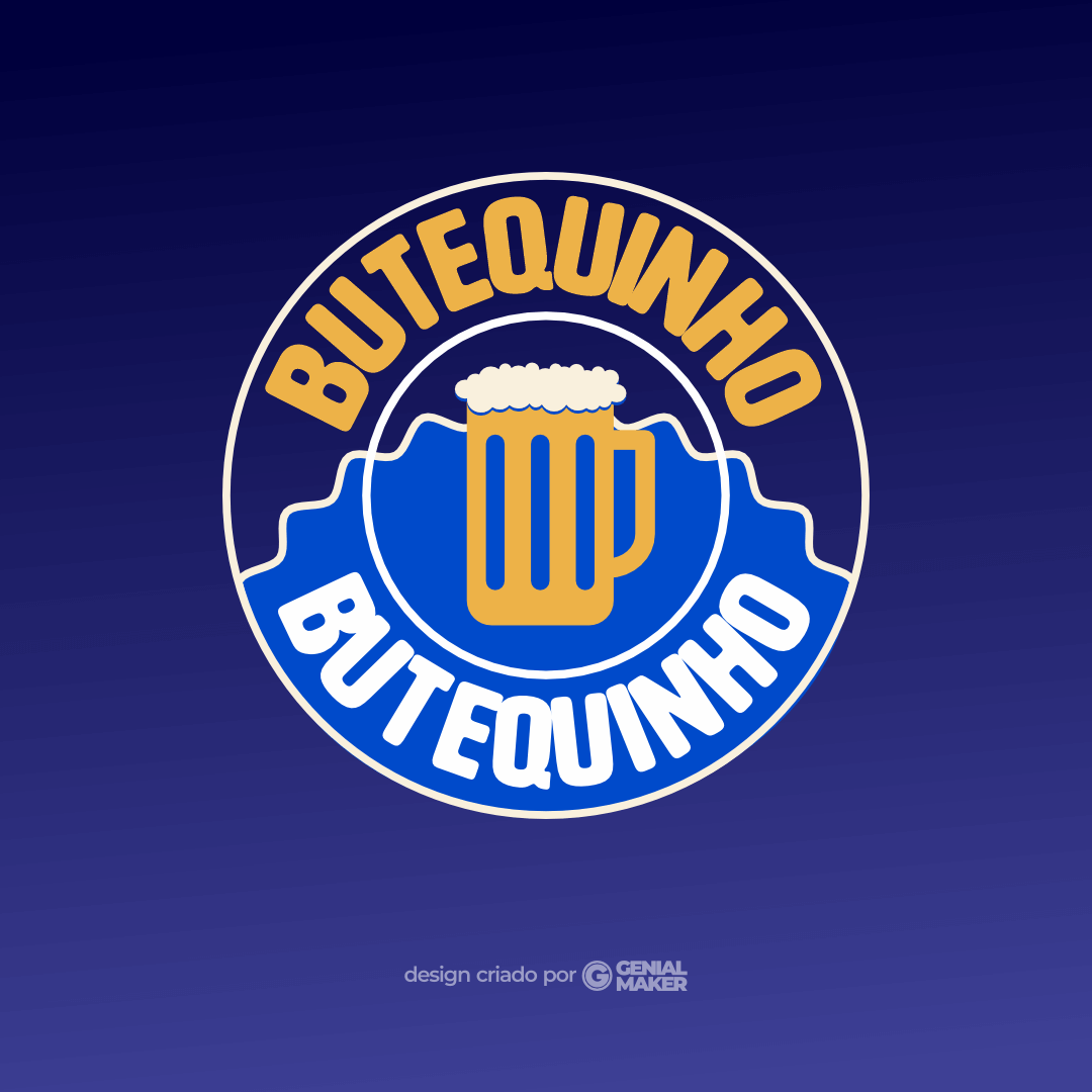 Logo bar: logotipo criado no fundo azul marinho, em formato de círculo, com uma caneca de chopp no centro, em amarelo e branco, ainda dentro do círculo, escrito em destaque o nome do bar "Butequinho" duas vezes, uma vez amarelo e outra branco.