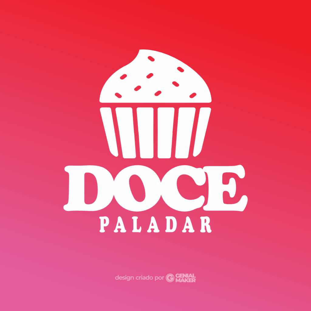 Logo confeitaria: logotipo criado no fundo vermelho, escrito "Doce Paladar" em branco, com um docinho no estilo brigadeiro em cima.