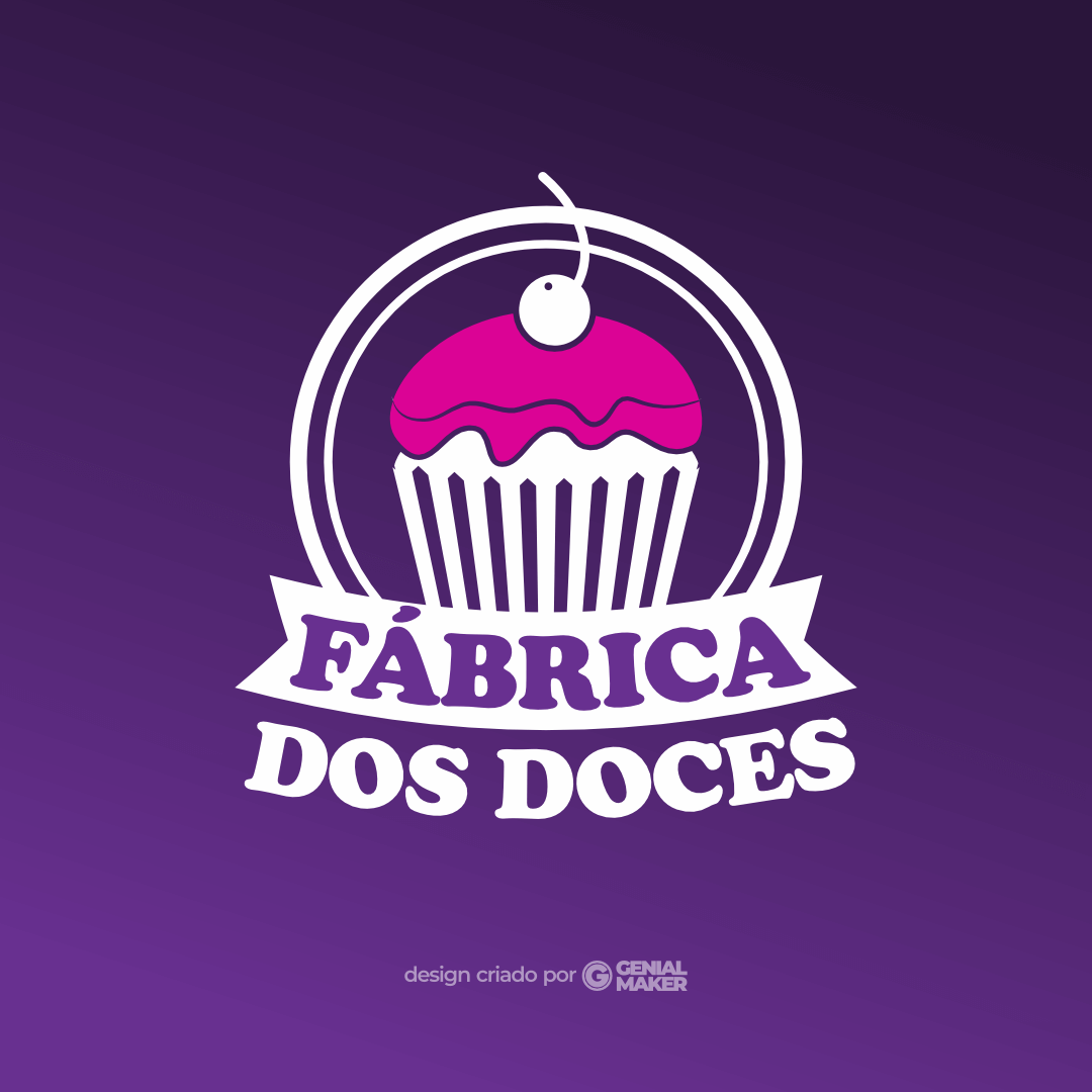 Logo confeitaria: logotipo criado em um fundo roxo, escrito "Fábrica dos Doces" em branco e com um cupcake com recheio "rosa" dentro de um círculo.