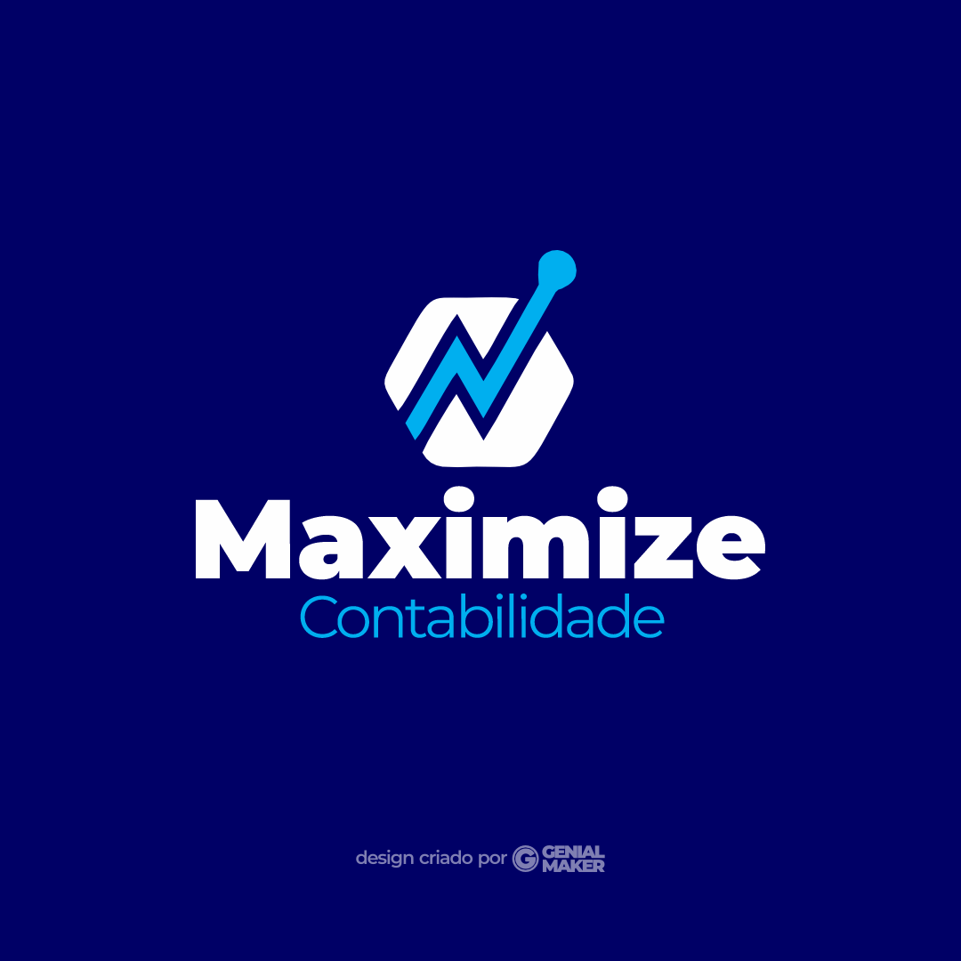 Logo contabilidade: logotipo criado no fundo azul marinho, com um ícone de balanço positivo em branco e azul claro, embaixo escrito em destaque o nome do escritório "Maximize Contabilidade", em branco e azul.