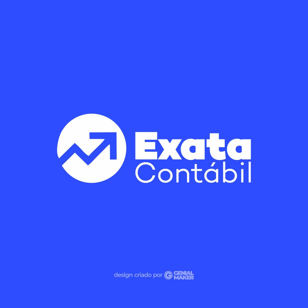 Logo contabilidade: logotipo branco criado no fundo azul, escrito em destaque "Exata Contábil" e um ícone de seta para cima, demonstrando resultados positivos.