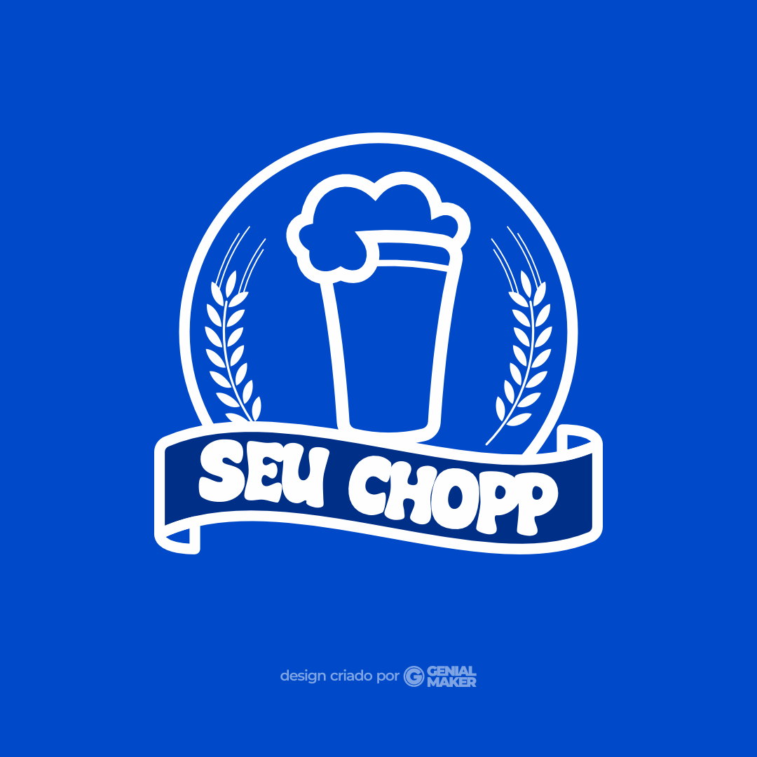 Logo bar: logotipo criado no fundo azul azul, com um copo de cerveja/chopp derramando ao centro e cevadas ao lado deste copo, embaixo, escrito o nome do bar em destaque "Seu Chopp".