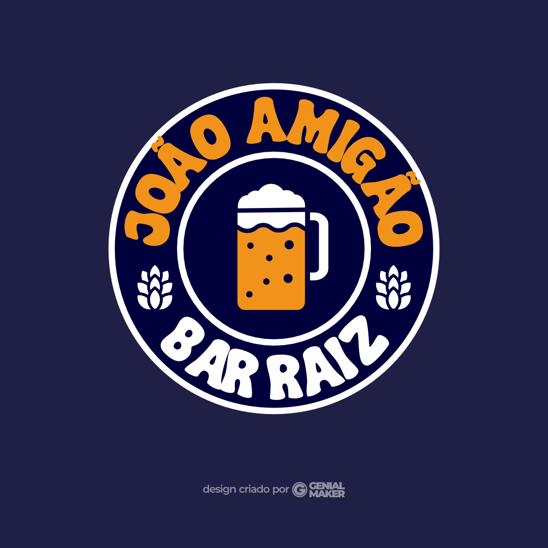 Logo bar: logotipo criado no fundo roxo escuro, em formato de círculo, no meio do círculo, existe uma caneca de chopp grande e, em volta dela, escrito "João Amigão, Bar Raiz", em amarelo escuro e branco. Entre as palavras, dois ícones de cevada, remetendo ao ingrediente da cerveja e chopp.