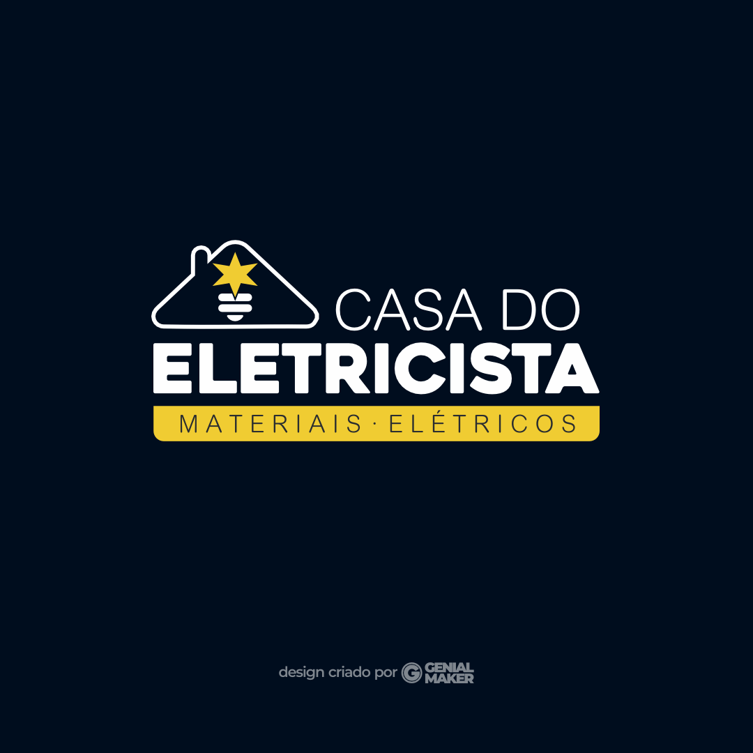 Logo eletricista: logotipo criado no fundo escuro, escrito "Casa do Eletricista: Materiais Elétricos" em branco e amarelo, com ícone de uma lâmpada dentro de uma casa.