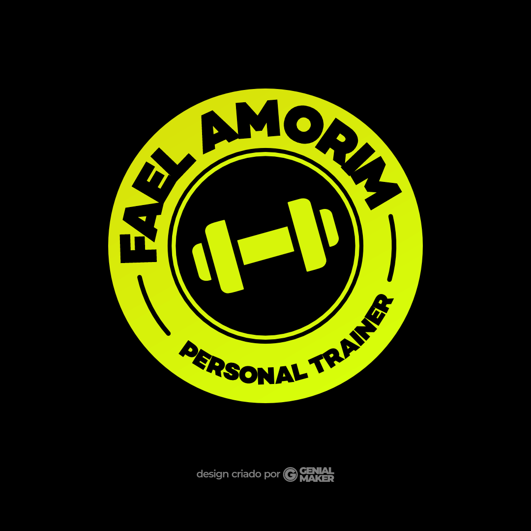 Logo personal trainer: logotipo criado no fundo preto, em formato de círculo na cor verde neon, com um halter no centro e escrito "Fael Amorim Personal Trainer" dentro do círculo.