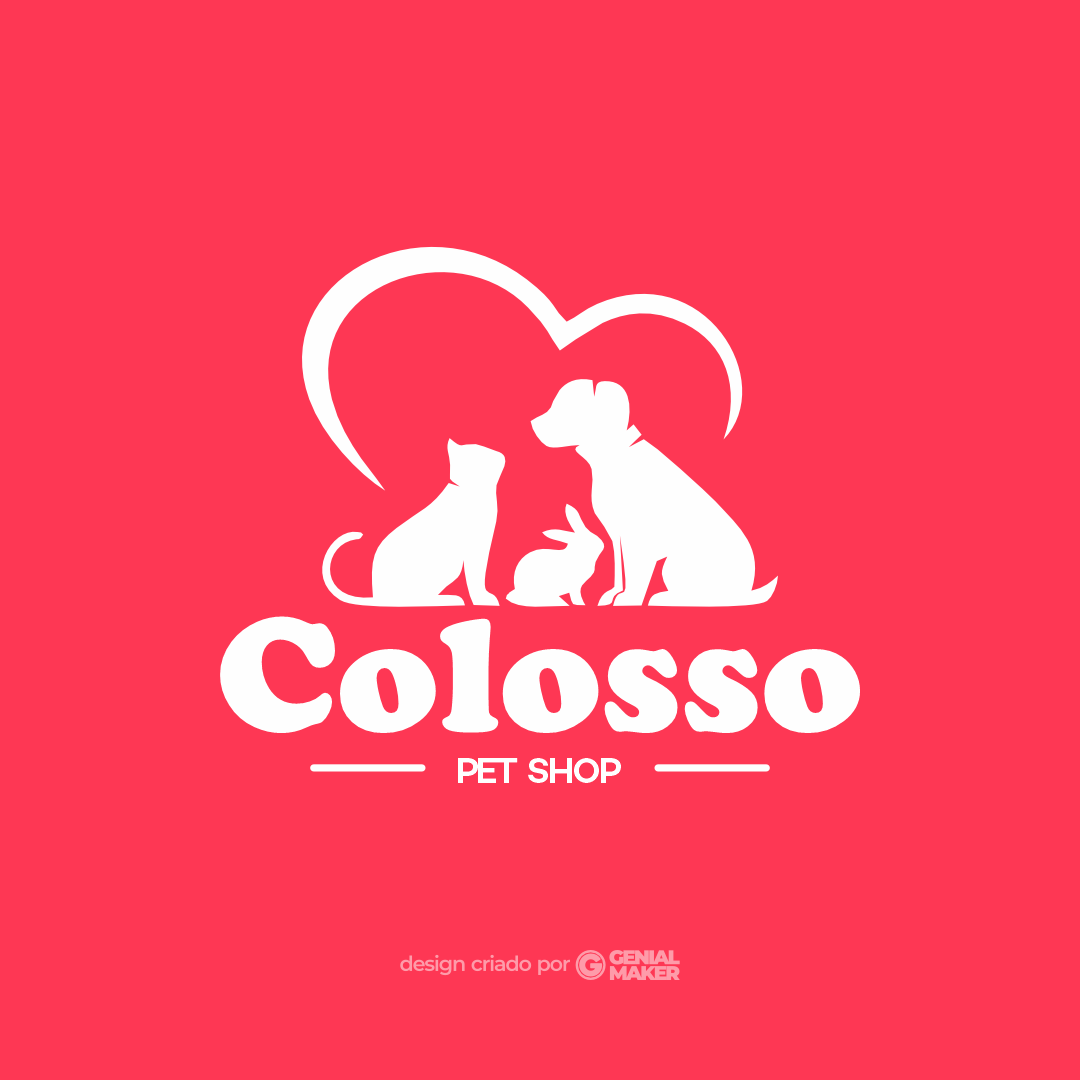 Logo pet shop: logotipo branco criado no fundo vermelho, escrito "Colosso Pet Shop", com ícone de cachorro, coelho e gato, dentro de um coração.