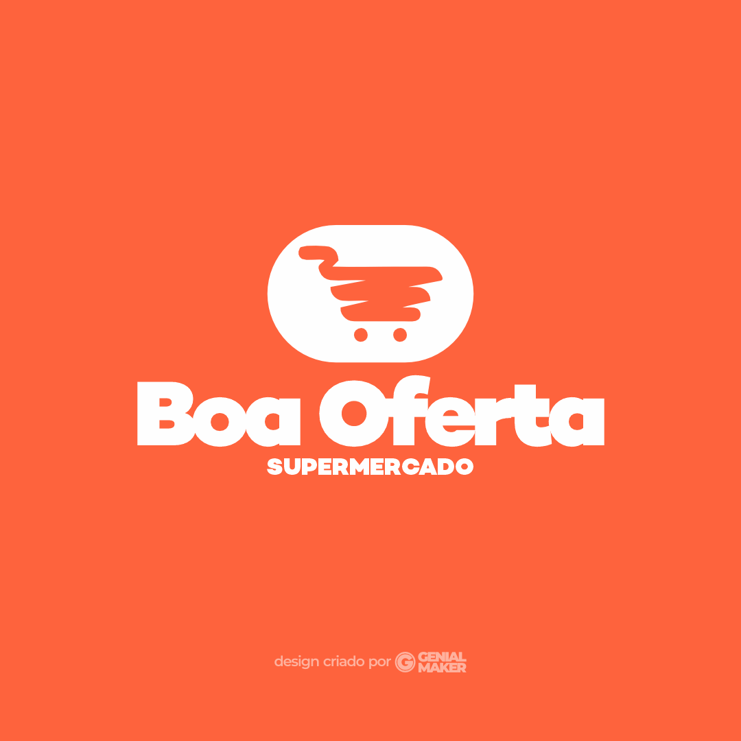 Logo supermercado: logotipo criado em branco, no fundo laranja, escrito "Boa Oferta Supermercado" e com ícone de carrinho de supermercado estilizado dentro de um círculo retangular.