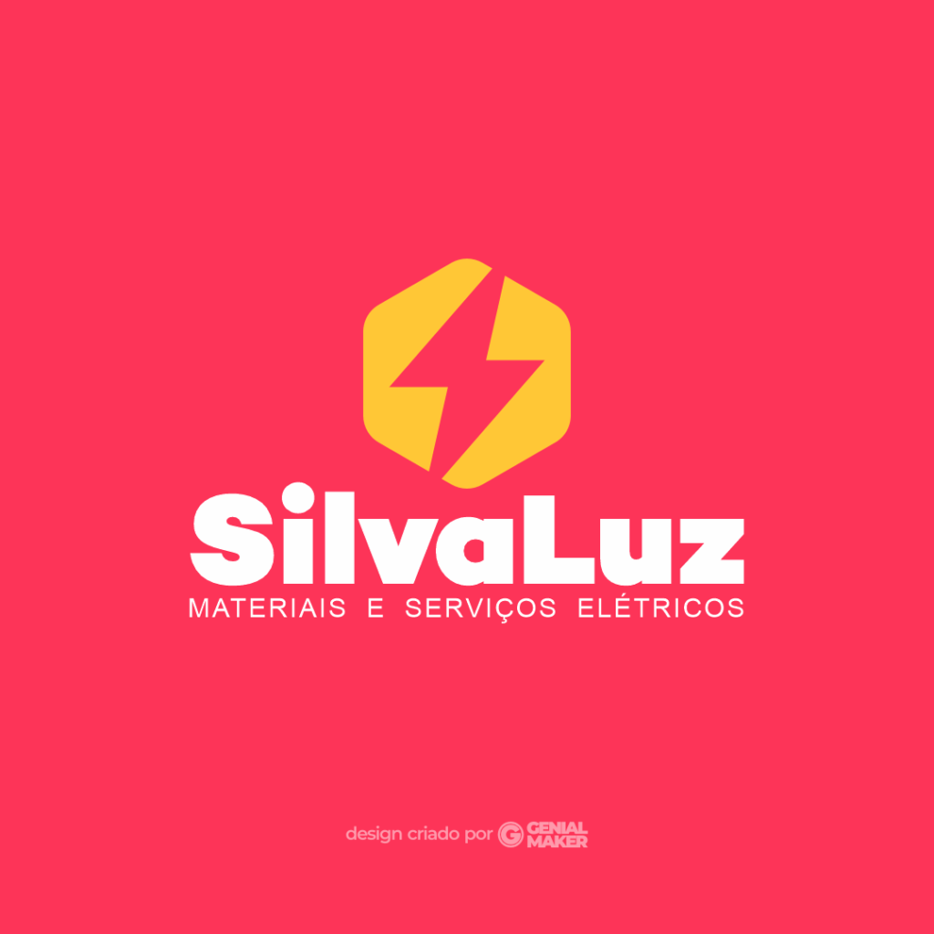 Logo eletricista: logotipo criado em branco e amarelo, no fundo vermelho, escrito "Silva Luz: Materiais e Serviços Elétricos", com um ícone de eletricidade em amarelo, na parte de cima.