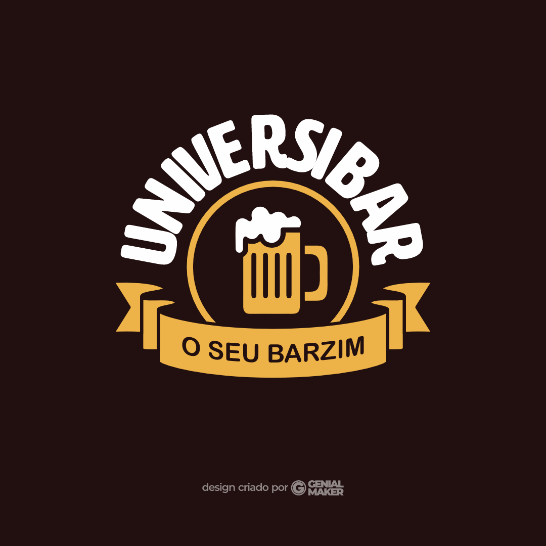 Logo bar: logotipo criado no fundo marrom. O nome do bar aparece em destaque, de forma curvada na parte de cima, escrito "Universibar". Em baixo do nome, aparece um pequeno círculo com uma caneca de chopp dentro, em baixo do círculo, existe um laço, escrito dentro o slogan do bar "O seu barzim".