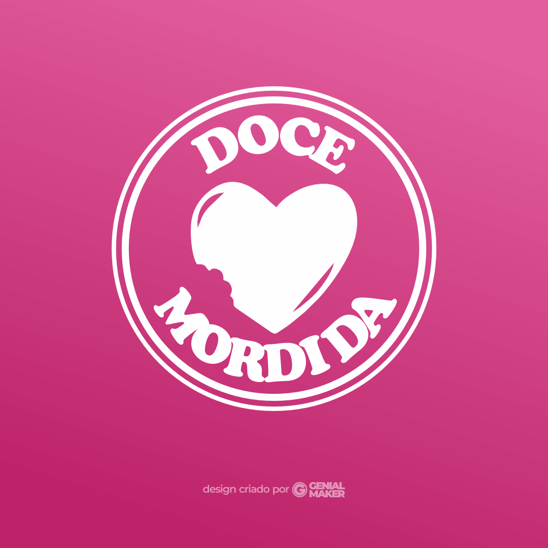 Logo confeitaria: logotipo criado no formato de círculo, no fundo rosa, com um ícone de coração mordido, como se fosse um doce, escrito "Doce Mordida" em branco.