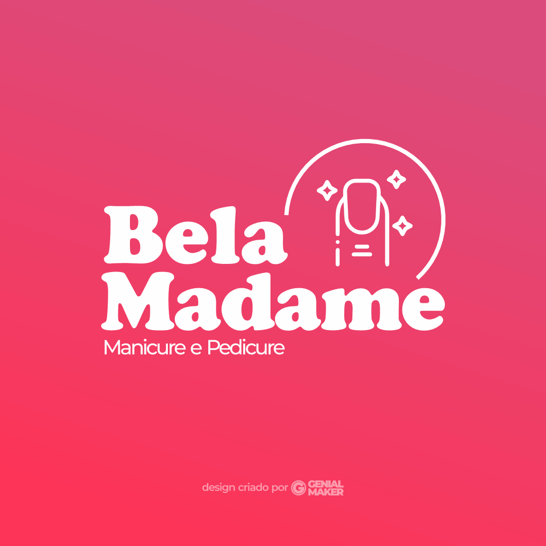 Logo manicure: logotipo criado no fundo rosa, com ícone de unha brilhando e escrito "Bela Madame: Manicure e Pedicure" em branco.