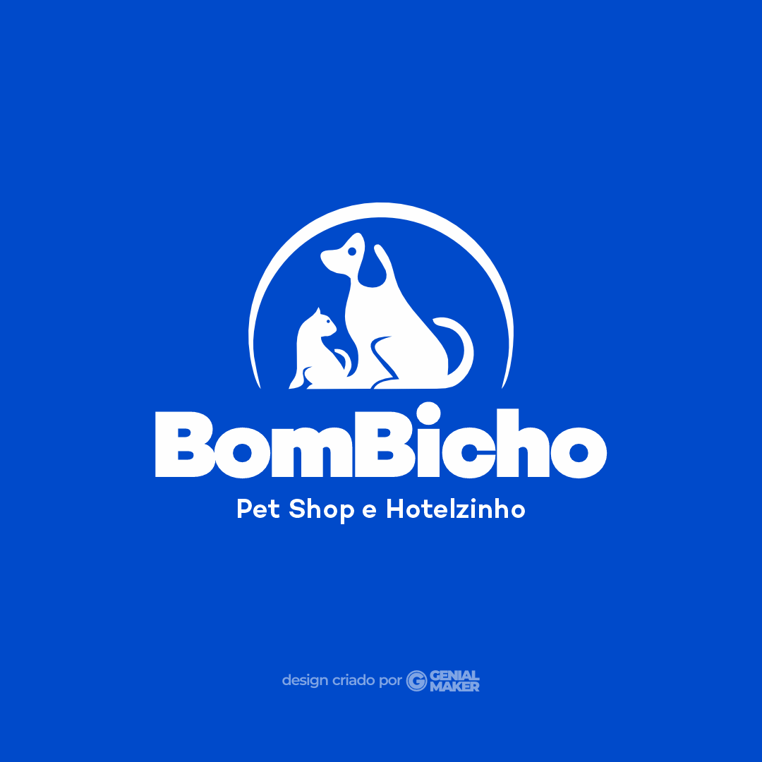 Logo pet shop: logotipo branco criado no fundo azul, escrito "Bom Bicho: Pet Shop e Hotelzinho", com ícone de cachorro e gato na parte de cima.