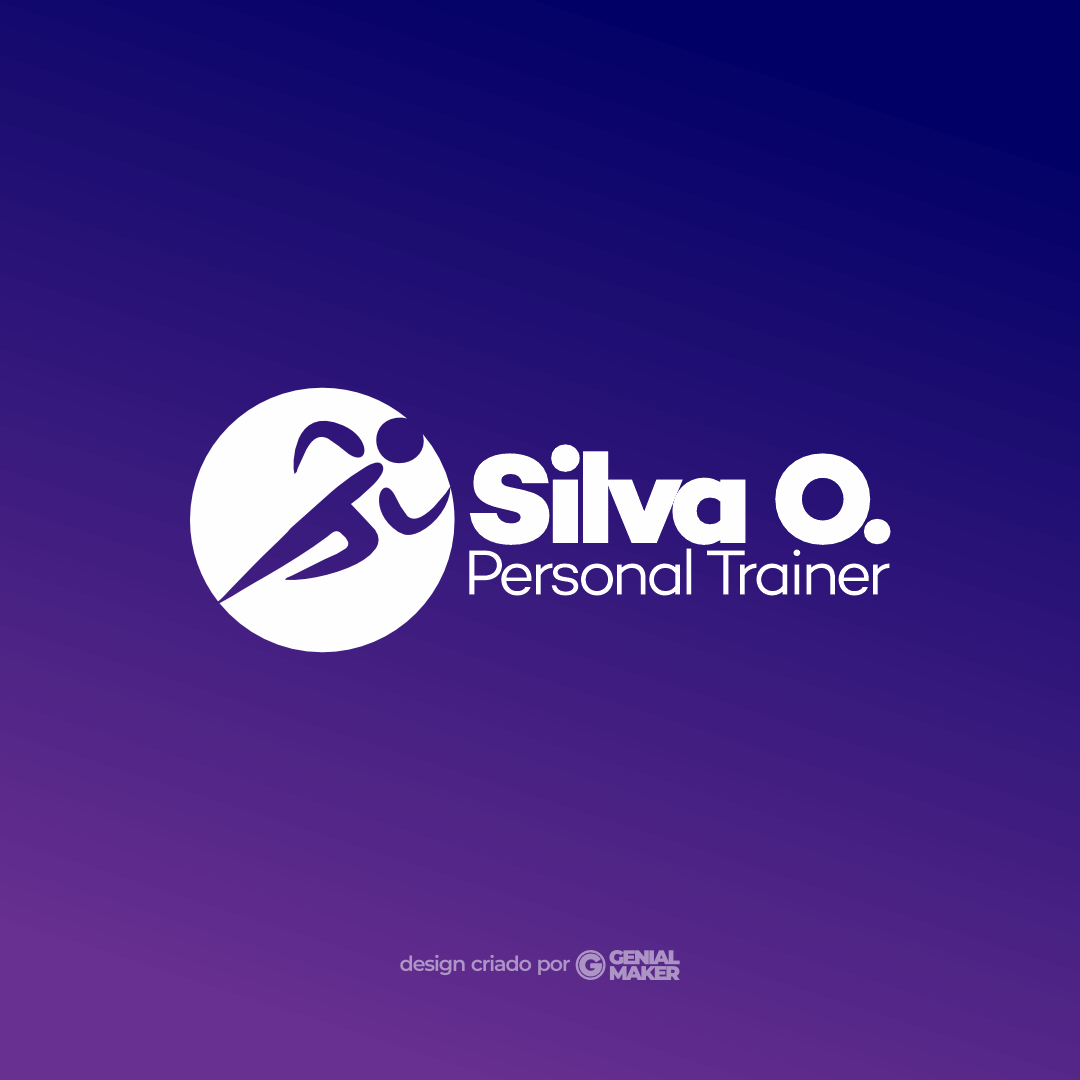 Logo personal trainer: logotipo criado no fundo roxo, com ícone de uma pessoa correndo dentro de um círculo branco, escrito "Silva O. Personal Trainer".