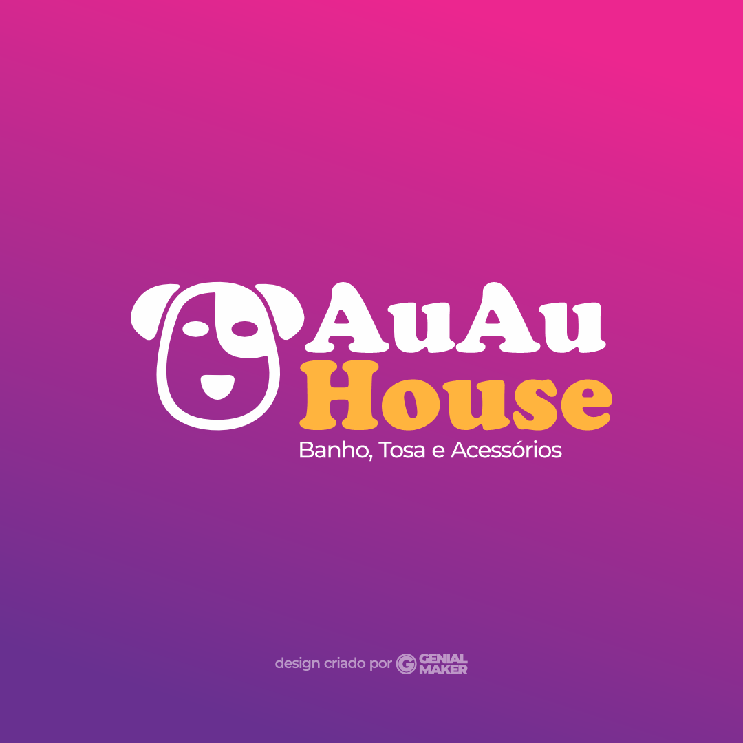 Logo pet shop: logotipo criado nas cores azul e amarelo, no fundo lilás e rosa, escrito "Au Au House: Banho, Tosa e Acessórios", com ícone de um cão ao lado esquerdo.