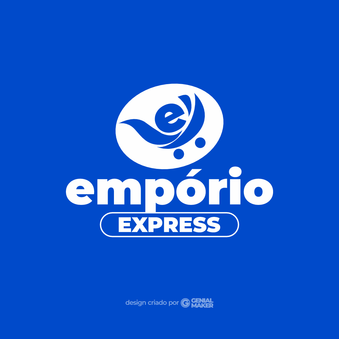 Logo supermercado: logotipo branco criado no fundo azul, escrito "Empório Express" e com um ícone de carrinho de supermercado dentro de uma bola retangular na parte de cima.