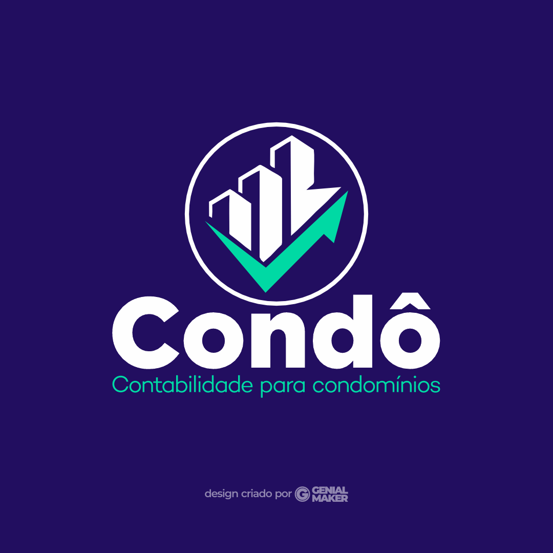 Logo contabilidade: logotipo criado no fundo roxo, com um ícone de prédio e uma seta verde água apontando pra cima, dentro de um círculo, e embaixo escrito "Condô: Contabilidade para condomínios", em branco e verde água. 