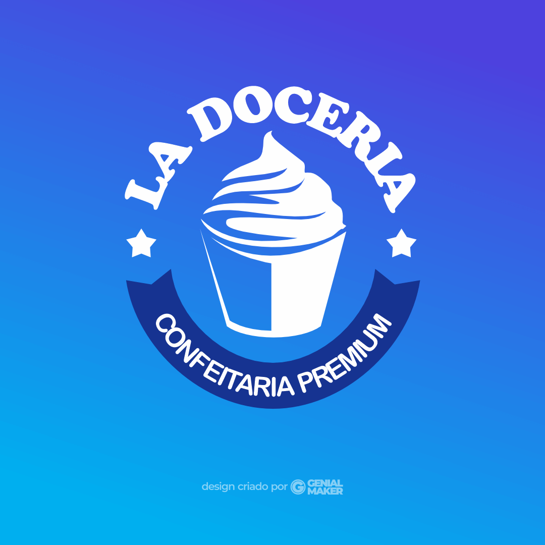 Logo confeitaria: logotipo criado em formato de círculo e com um cupcake ao centro, no fundo azul claro, escrito "La Doceria, Confeitaria Premium".