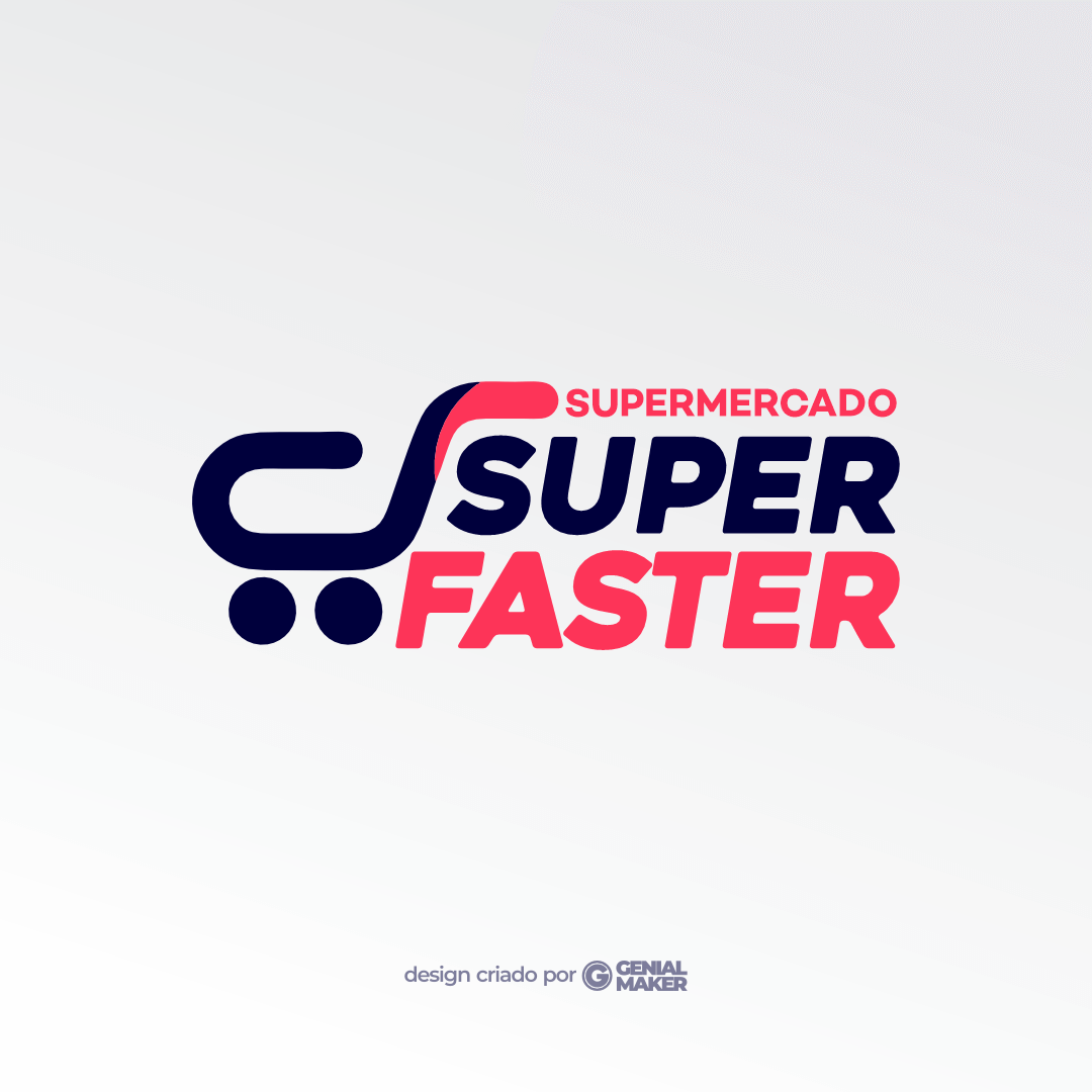 Logo supermercado: logotipo criado no fundo cinza claro, escrito "Super Faster Supermercado", e um carrinho de supermercado no lado esquerdo.