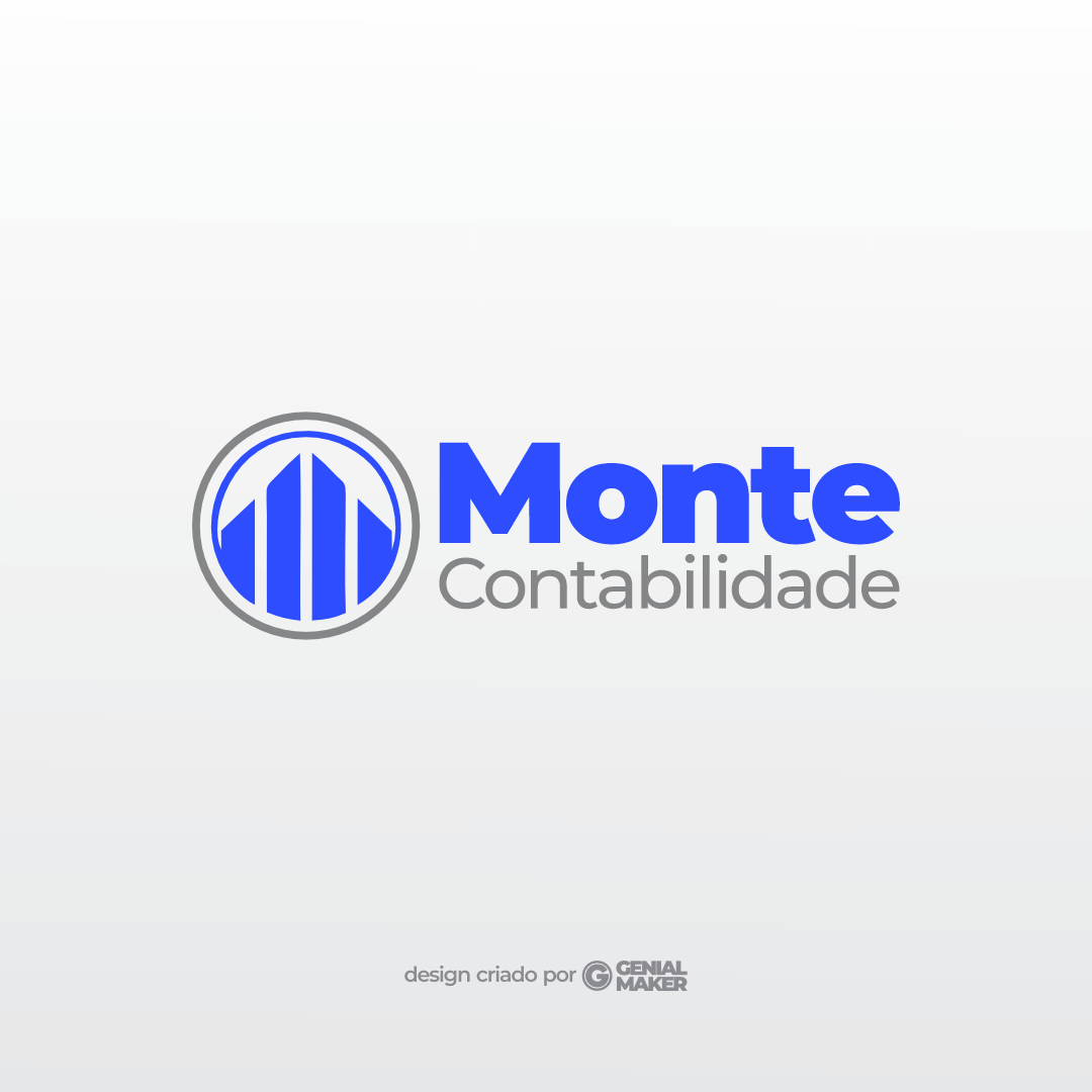 Logo contabilidade: logotipo criado no fundo cinza claro, com ícone de um edifício estilizado, ao lado direito, tem o nome do escritório "Monte Contabilidade". O logotipo da "Monte Contabilidade" é um design moderno e profissional que transmite uma imagem de confiança e estabilidade.