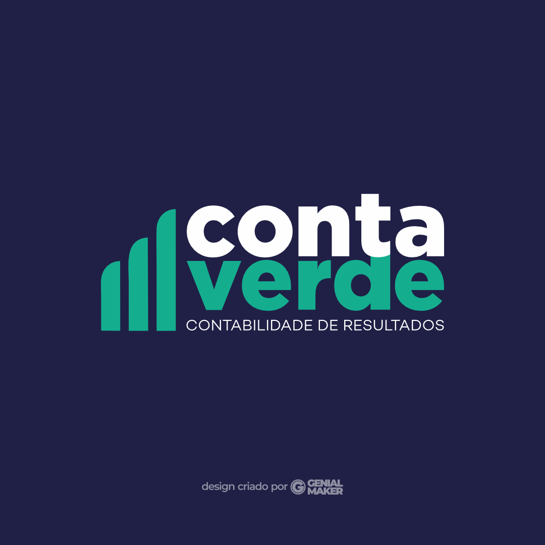 Logo contabilidade: logotipo criado no fundo azul marinho, com barras de progresso positivo, na cor verde e escrito "Conta Verde: Contabilidade de Resultados", em verde e branco.