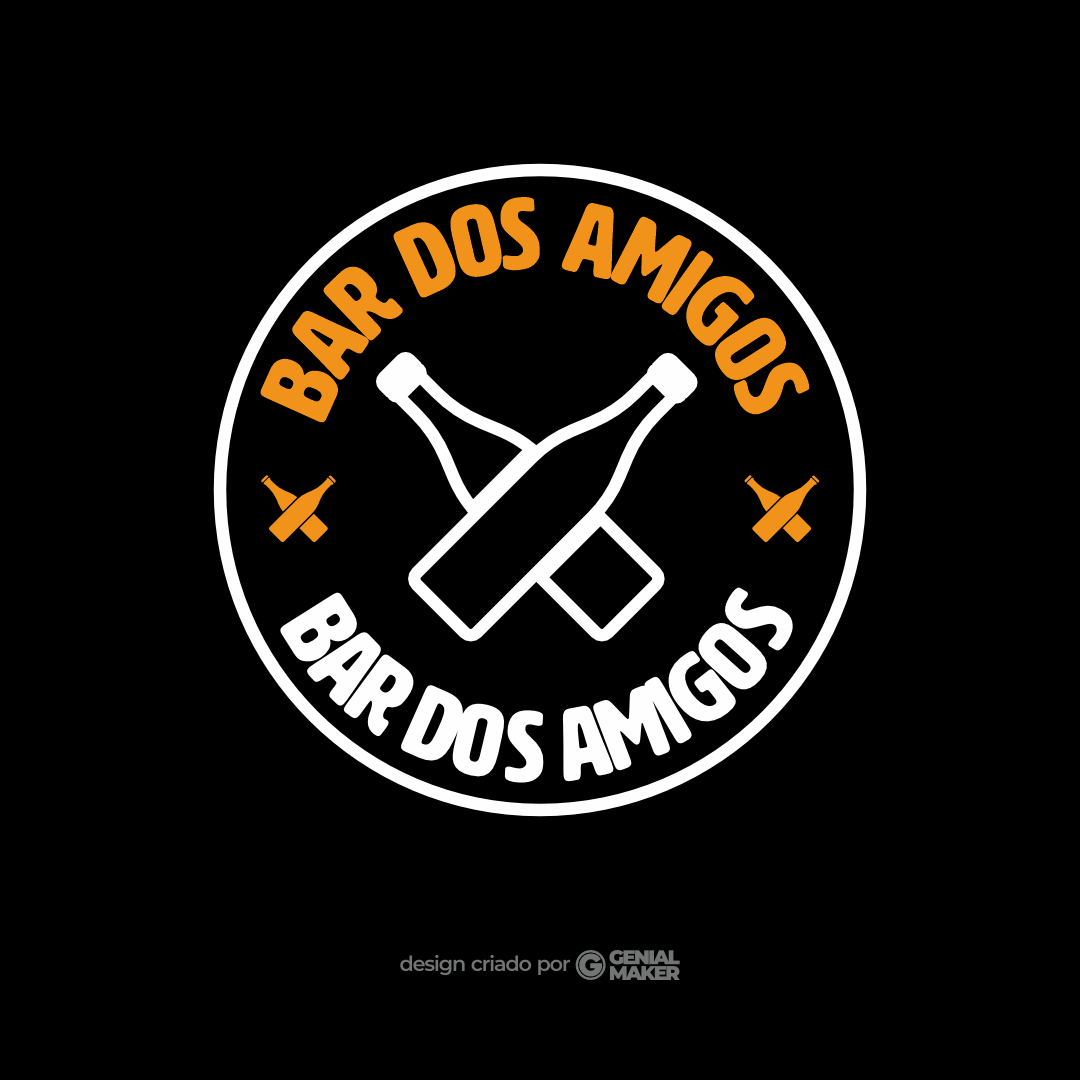 Logo bar: logotipo criado no fundo preto, em formato de círculo minimalista, com 2 garrafas de cervejas ao centro, se cruzando, e em volta, o nome do bar se repete 2 vezes "Bar dos Amigos", em branco e amarelo.