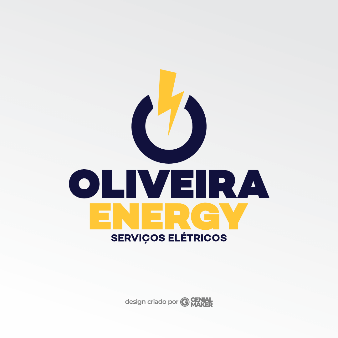 Logo eletricista: logotipo criado nas cores azul marinho e amarelo, no fundo cinza claro, escrito "Oliveira Energy: Serviços Elétricos", com ícone de energia/raio dentro de um círculo aberto, como se fosse um botão de liga/desliga.