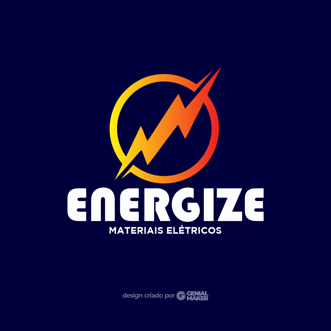 Logo eletricista: logotipo criado fundo azul marinho, escrito em branco "Energize: Materiais Elétricos", e com um ícone de raio dentro de um círculo, nas cores amarelo e vermelho.