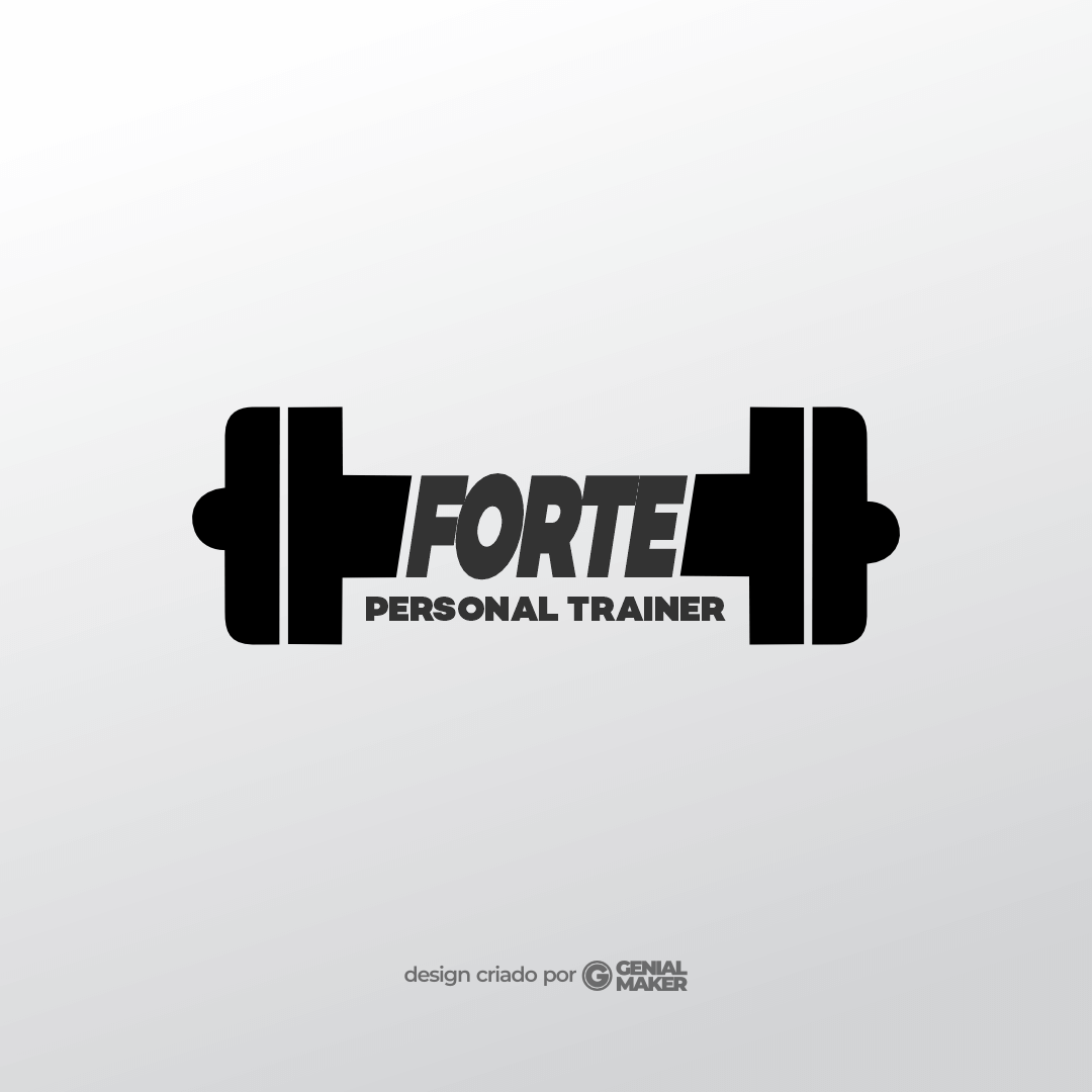 Logo personal trainer: logotipo criado no fundo claro, escrito "Forte Personal Trainer" dentro de um halter, dando a impressão de que a escrita é a barra do halter.