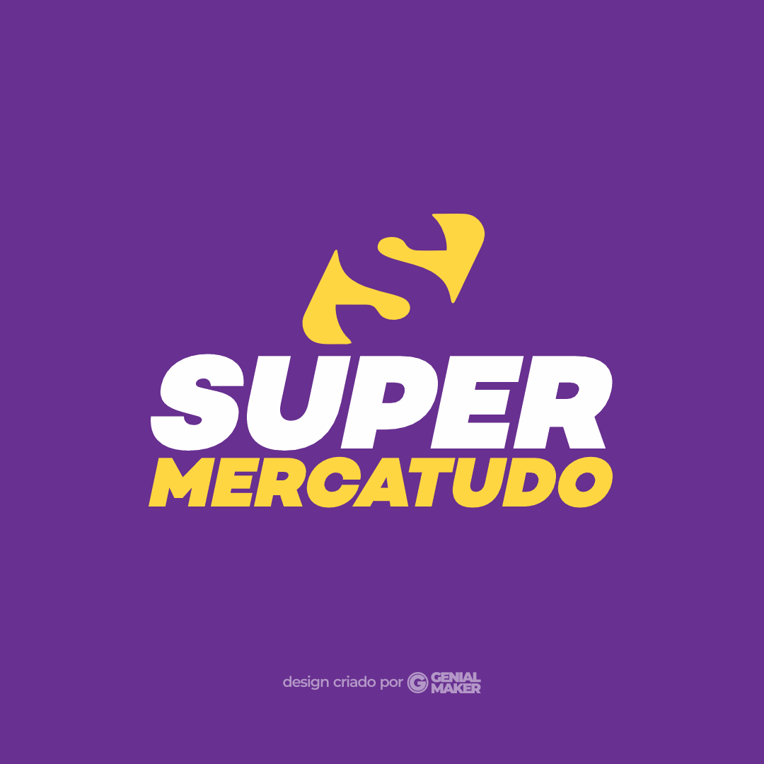 Logo supermercado: logotipo criado em branco e amarelo, no fundo roxo, escrito "Super Mercatudo", e com um ícone em formato de letra "S" na parte de cima.