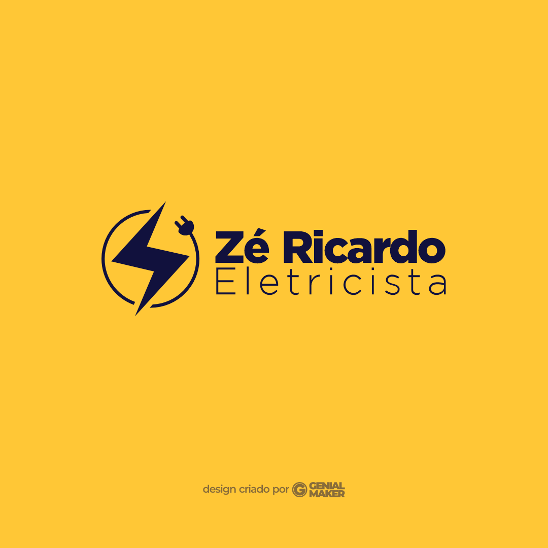 Logo eletricista: logotipo criado na cor azul marinho e com fundo amarelo, escrito "Zé Ricardo Eletricista", com um raio e fio de tomada no lado esquerdo.