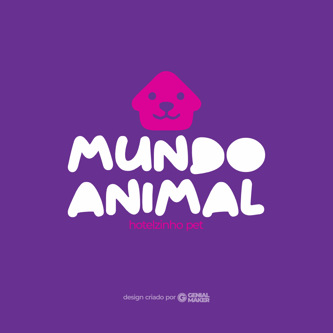 Logo pet shop: logotipo criado no fundo lilás, escrito "Mundo Animal Hotelzinho Pet", e com ícone de casinha de cachorro na parte de cima.