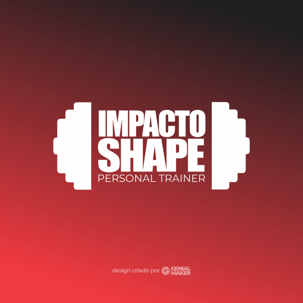 Logo personal trainer: logotipo criado no fundo degradê preto e vermelho, escrito "Impacto Shape Personal Trainer" dentro de um halter.