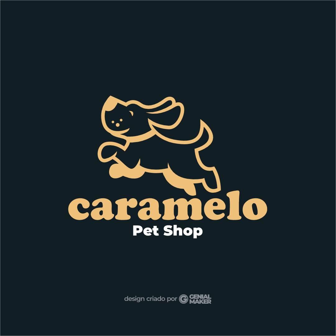 Logo pet shop: logotipo criado no fundo escuro, escrito "Caramelo Pet Shop", com ícone de um cachorro feliz e pulando, nas cores branco e bege.