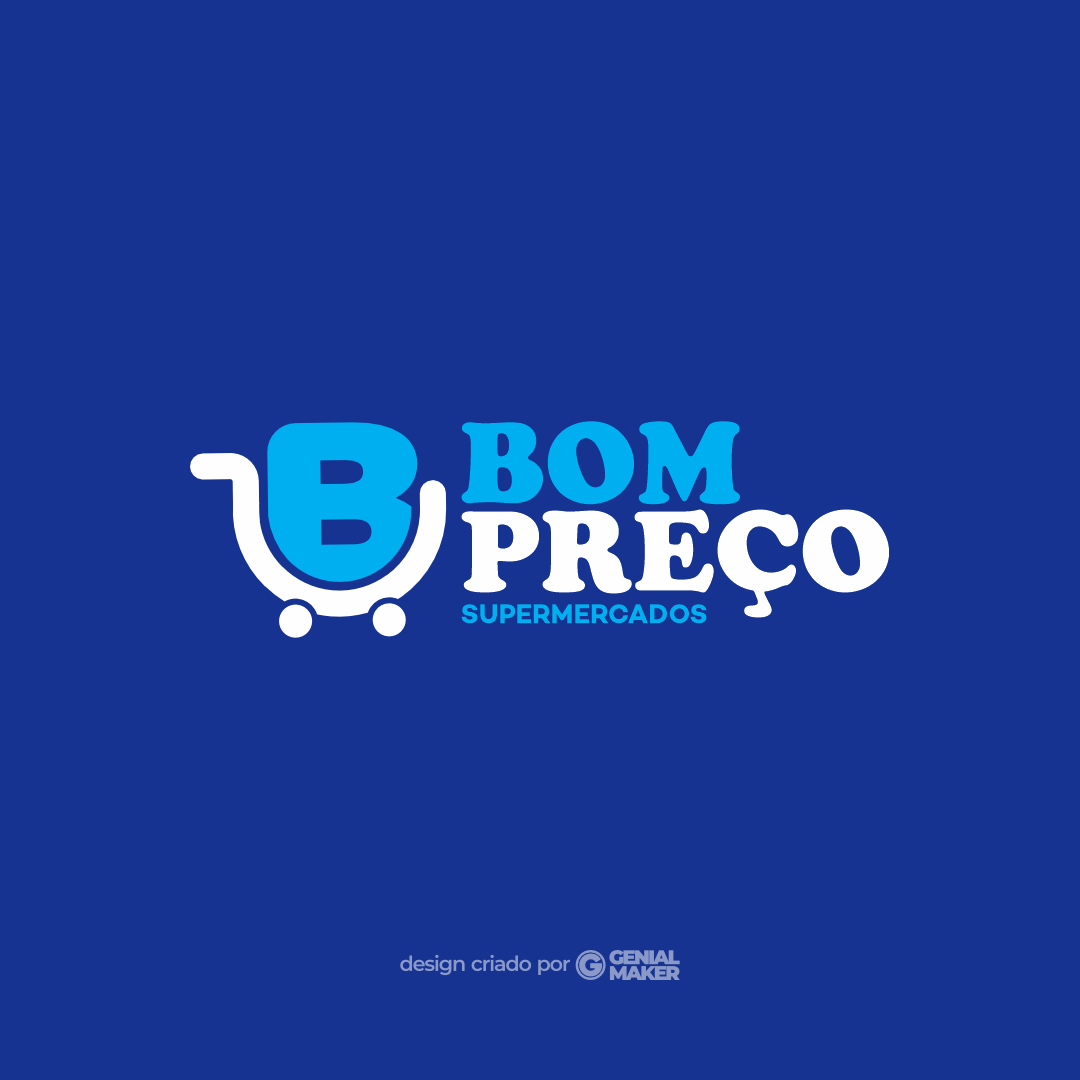 Logo supermercado: logotipo criado no fundo azul escuro, escrito em azul claro e branco "Bom Preço Supermercados" e, ao lado esquerdo, um carrinho de supermercado com a letra "B" grande.